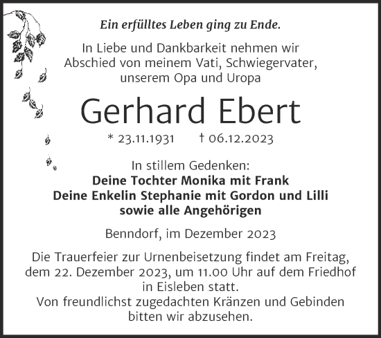Traueranzeige von Gerhard Ebert von Trauerkombi Mansfelder Land