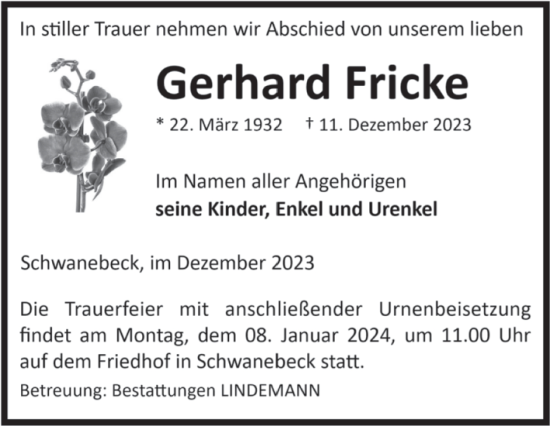 Traueranzeige von Gerhard Fricke von Volksstimme Halberstadt
