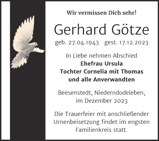 Traueranzeige von Gerhard Götze von Mitteldeutsche Zeitung Halle/Saalkreis