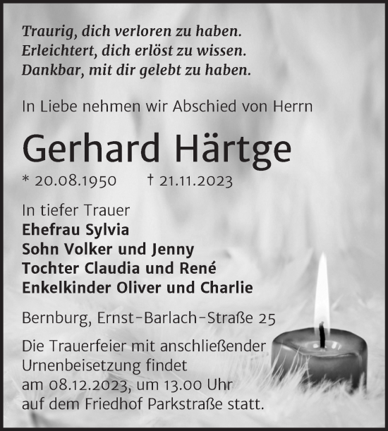 Traueranzeige von Gerhard Härtge von Trauerkombi Bernburg
