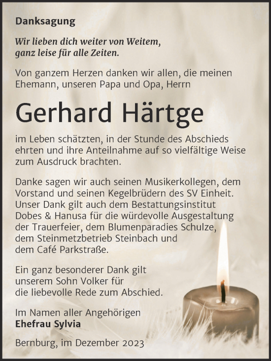 Traueranzeige von Gerhard Härtge von Trauerkombi Bernburg