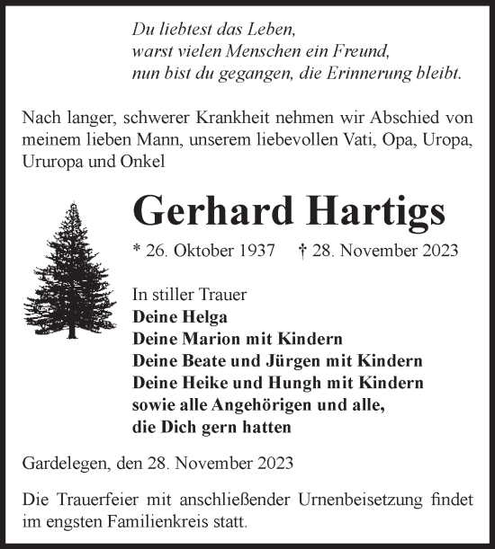 Traueranzeige von Gerhard Hartigs von Volksstimme Altmark West