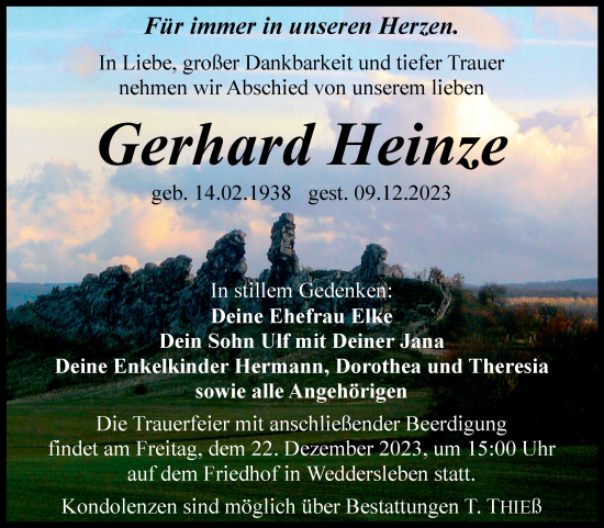 Traueranzeige von Gerhard Heinze von Mitteldeutsche Zeitung Quedlingburg