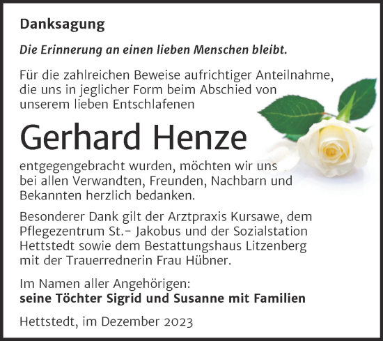 Traueranzeige von Gerhard Henze von Trauerkombi Mansfelder Land