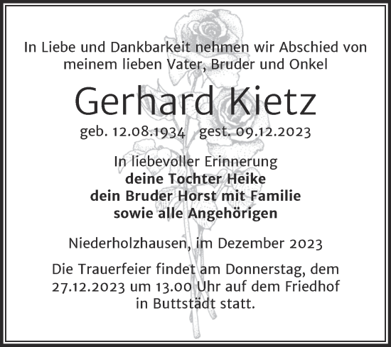 Traueranzeige von Gerhard Kietz von Naumburger Tageblatt