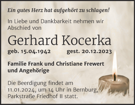 Traueranzeige von Gerhard Kocerka von Trauerkombi Bernburg