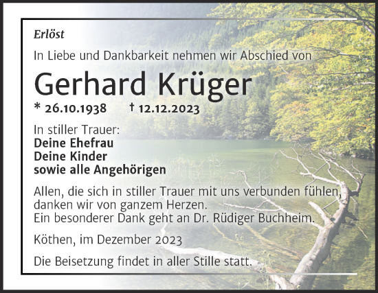 Traueranzeige von Gerhard Krüger von Trauerkombi Köthen
