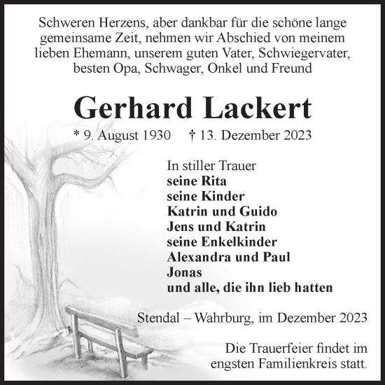 Traueranzeige von Gerhard Lackert von Volksstimme Altmark Ost