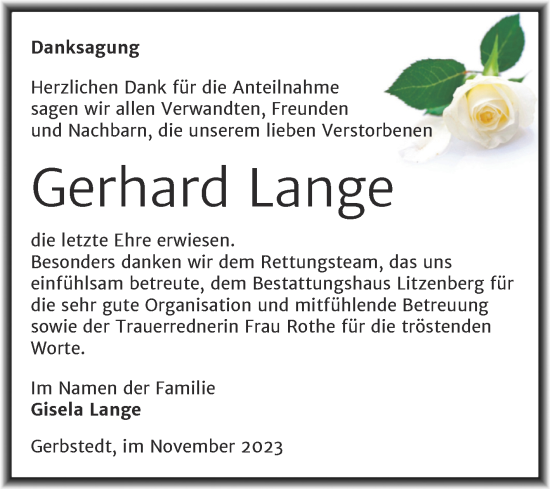Traueranzeige von Gerhard Lange von Trauerkombi Bernburg