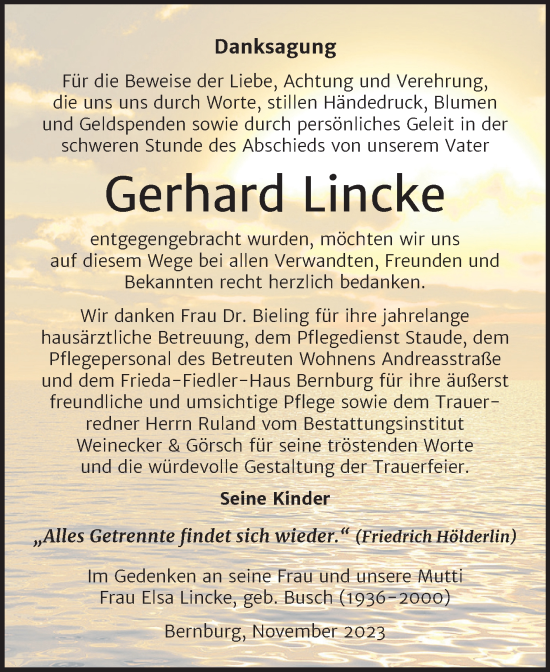 Traueranzeige von Gerhard Lincke von Trauerkombi Bernburg