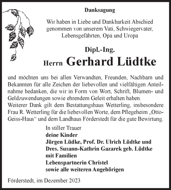 Traueranzeige von Gerhard Lüdtke von Volksstimme Staßfurt