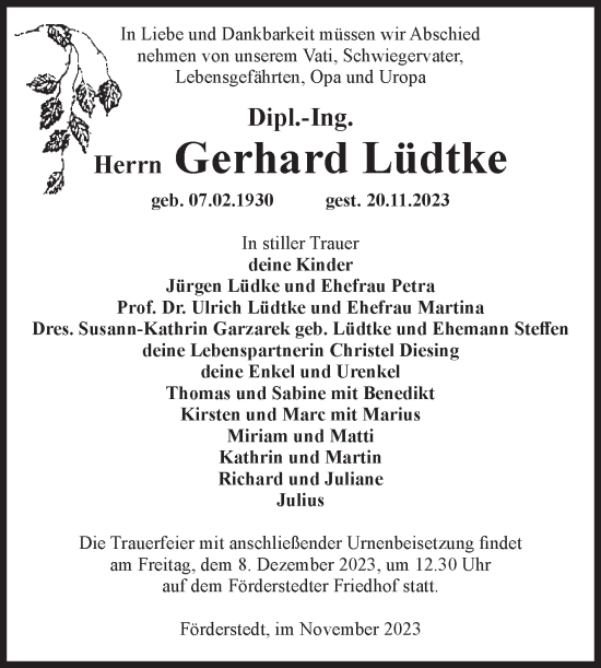 Traueranzeige von Gerhard Lüdtke von Volksstimme Staßfurt