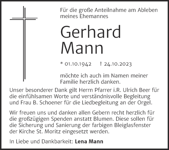 Traueranzeige von Gerhard Mann von Naumburger Tageblatt