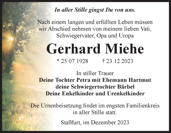 Traueranzeige von Gerhard Miehe von Volksstimme Staßfurt