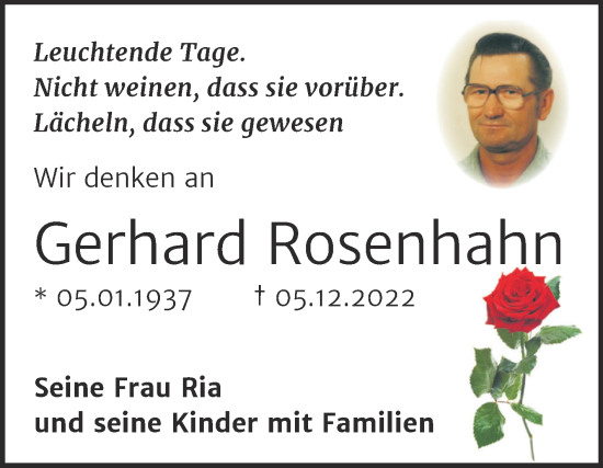 Traueranzeige von Gerhard Rosenhahn von Wochenspiegel Naumburg/Nebra