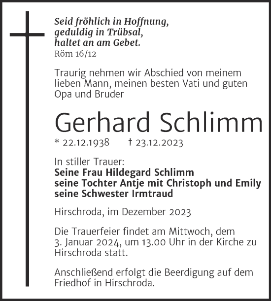 Traueranzeige von Gerhard Schlimm von Naumburger Tageblatt
