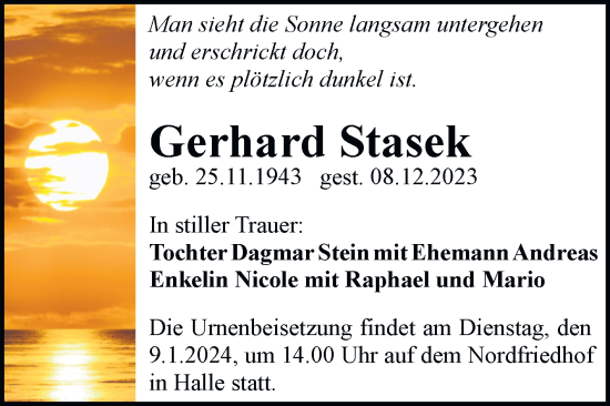 Traueranzeige von Gerhard Stasek von Mitteldeutsche Zeitung Halle/Saalkreis