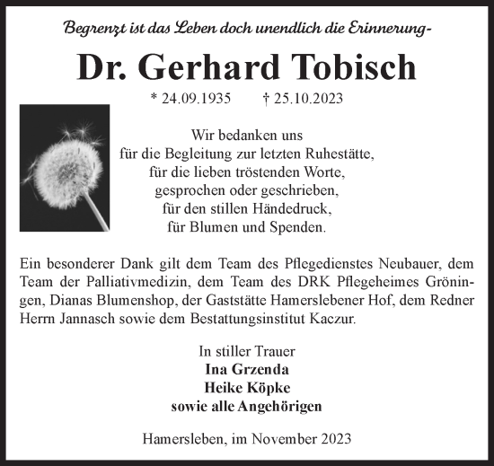 Traueranzeige von Gerhard Tobisch von Volksstimme Oschersleben/Wanzleben