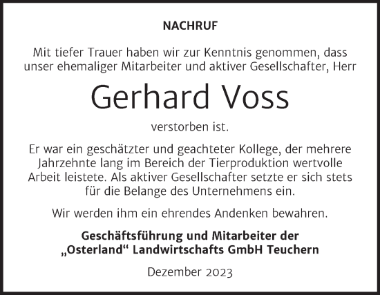 Traueranzeige von Gerhard Voss von Wochenspiegel Weißenfels