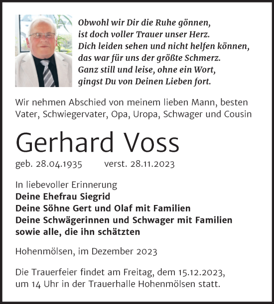 Traueranzeige von Gerhard Voss von Trauerkombi Weißenfels