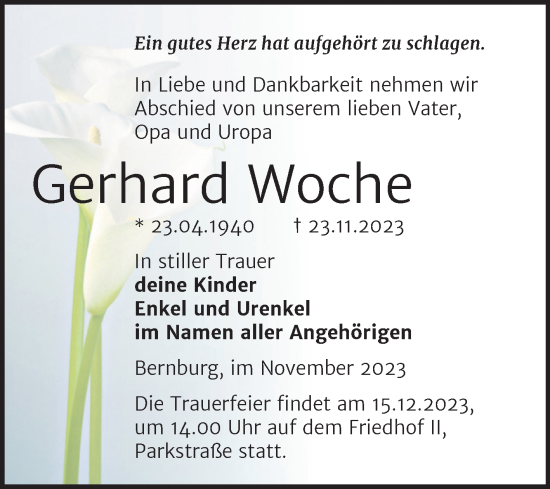 Traueranzeige von Gerhard Woche von Trauerkombi Bernburg