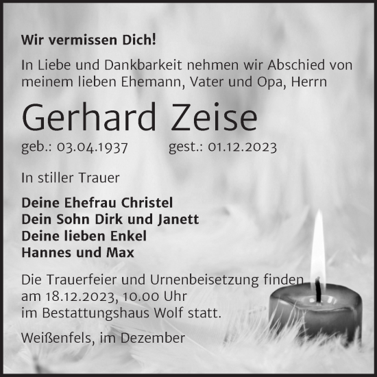 Traueranzeige von Gerhard Zeise von Trauerkombi Weißenfels