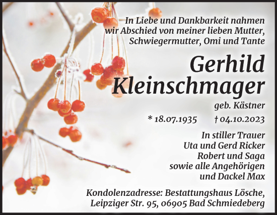 Traueranzeige von Gerhild Kleinschmager von Trauerkombi Wittenberg