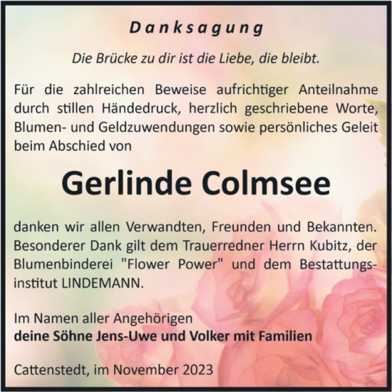 Traueranzeige von Gerlinde Colmsee von Volksstimme Wernigerode