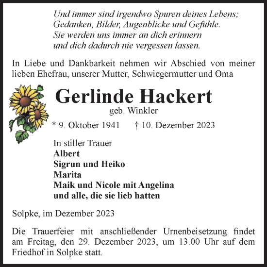Traueranzeige von Gerlinde Hackert von Volksstimme Altmark West