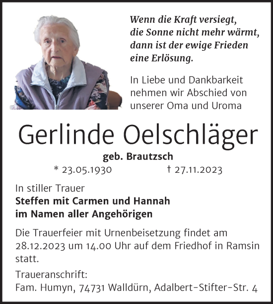 Traueranzeige von Gerlinde Oelschläger von Trauerkombi Bitterfeld