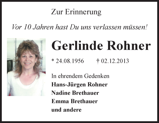 Traueranzeige von Gerlinde Rohner von Volksstimme Magdeburg