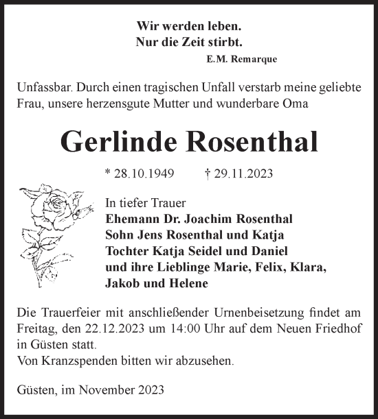 Traueranzeige von Gerlinde Rosenthal von Volksstimme Staßfurt