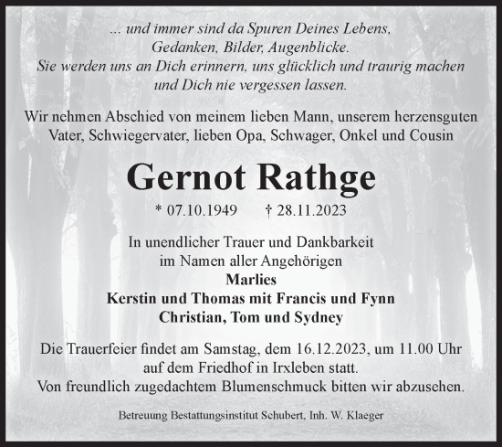 Traueranzeige von Gernot Rathge von Volksstimme Magdeburg