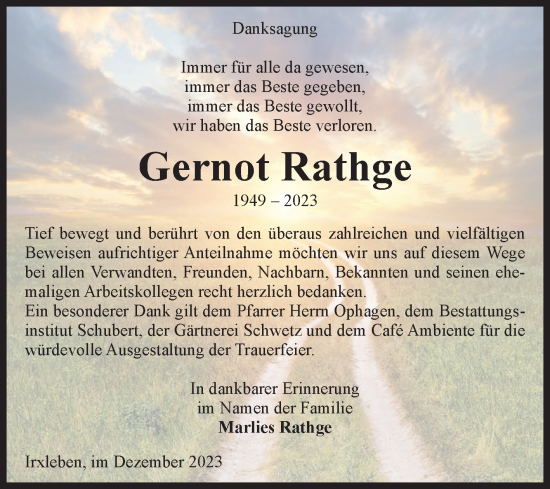 Traueranzeige von Gernot Rathge von Volksstimme Magdeburg