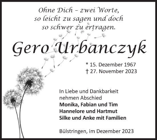 Traueranzeige von Gero Urbanczyk von Volksstimme Haldensleben/Wolmirstedt