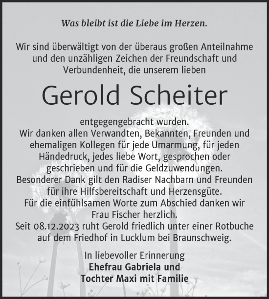 Traueranzeige von Gerold Scheiter von Trauerkombi Wittenberg