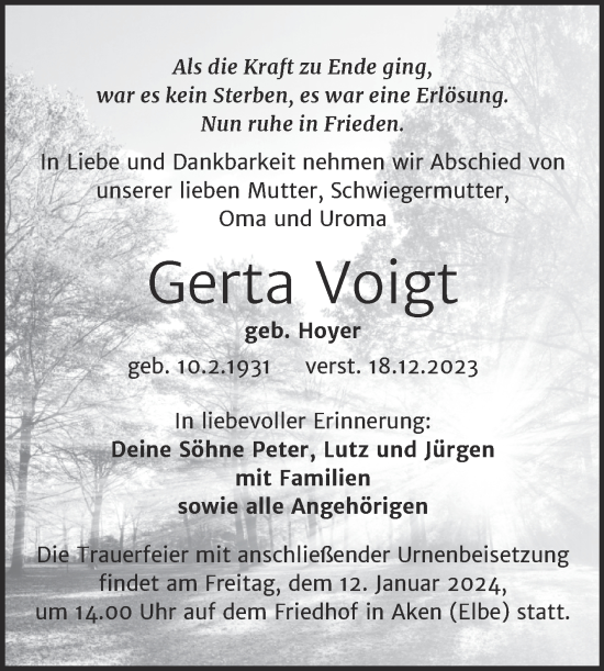 Traueranzeige von Gerta Voigt von Trauerkombi Köthen