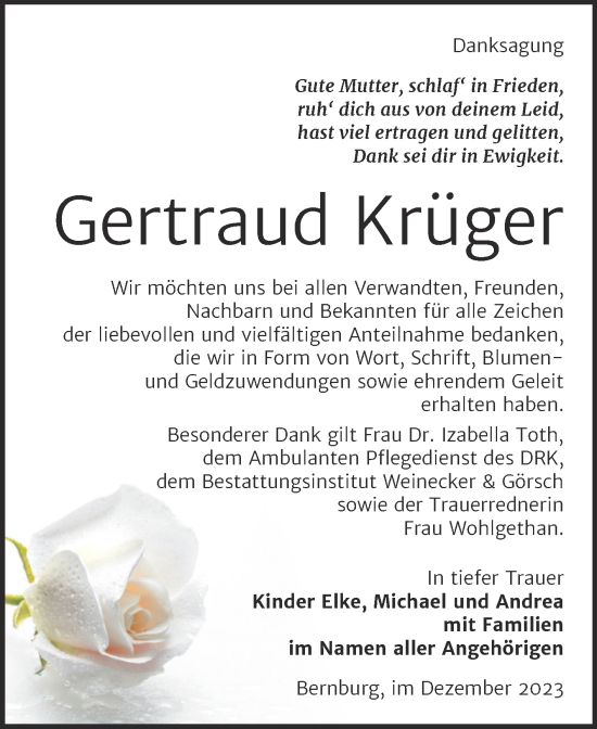 Traueranzeige von Gertraud Krüger von Trauerkombi Bernburg