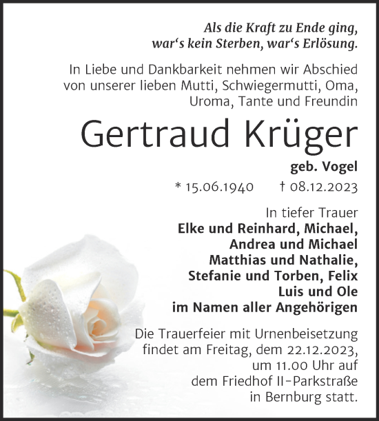 Traueranzeige von Gertraud Krüger von Trauerkombi Bernburg