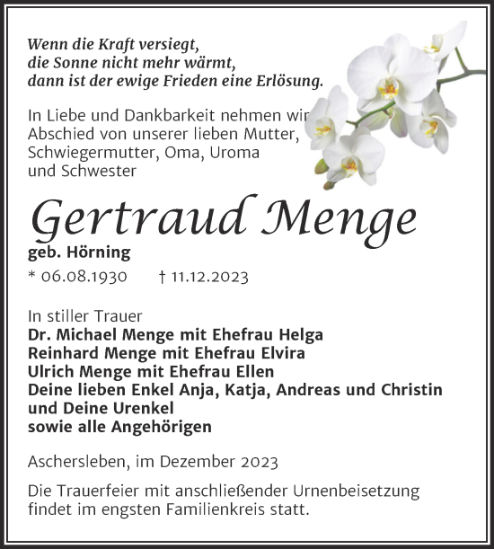 Traueranzeige von Gertraud Menge von Trauerkombi Aschersleben