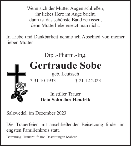 Traueranzeige von Gertraude Sobe von Volksstimme Altmark West