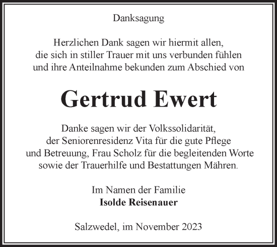Traueranzeige von Gertrud Ewert von Volksstimme Altmark West