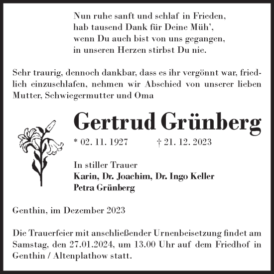 Traueranzeige von Gertrud Grünberg von Volksstimme Burg/Genthin
