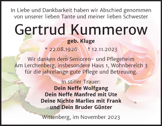Traueranzeige von Gertrud Kummerow von Trauerkombi Wittenberg