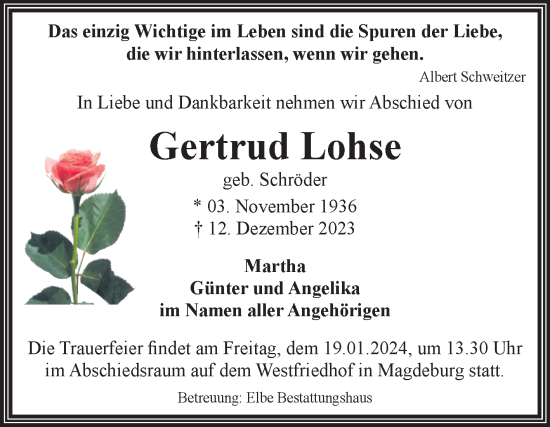 Traueranzeige von Gertrud Lohse von Volksstimme Magdeburg