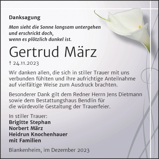 Traueranzeige von Gertrud März von Trauerkombi Sangerhausen
