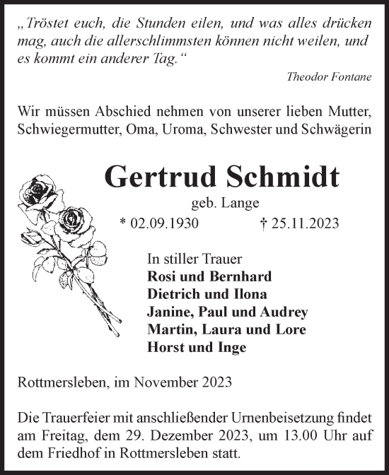 Traueranzeige von Gertrud Schmidt von Volksstimme Haldensleben/Wolmirstedt