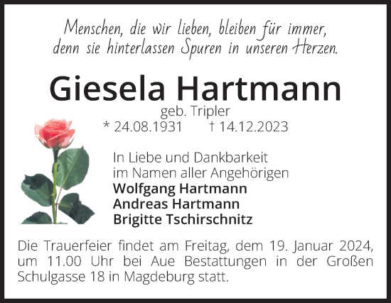 Traueranzeige von Giesela Hartmann von Volksstimme Magdeburg
