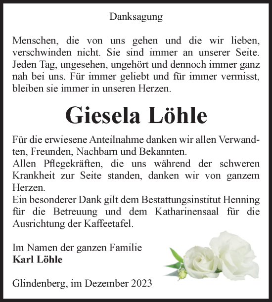 Traueranzeige von Giesela Löhle von Volksstimme Haldensleben/Wolmirstedt