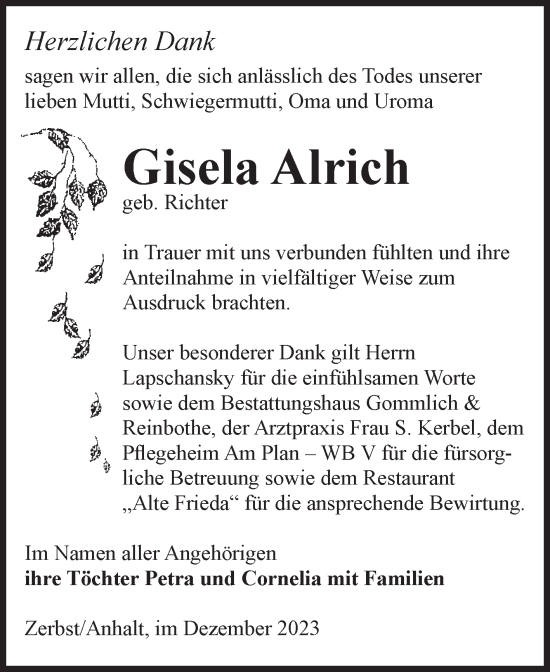 Traueranzeige von Gisela Alrich von Volksstimme Zerbst